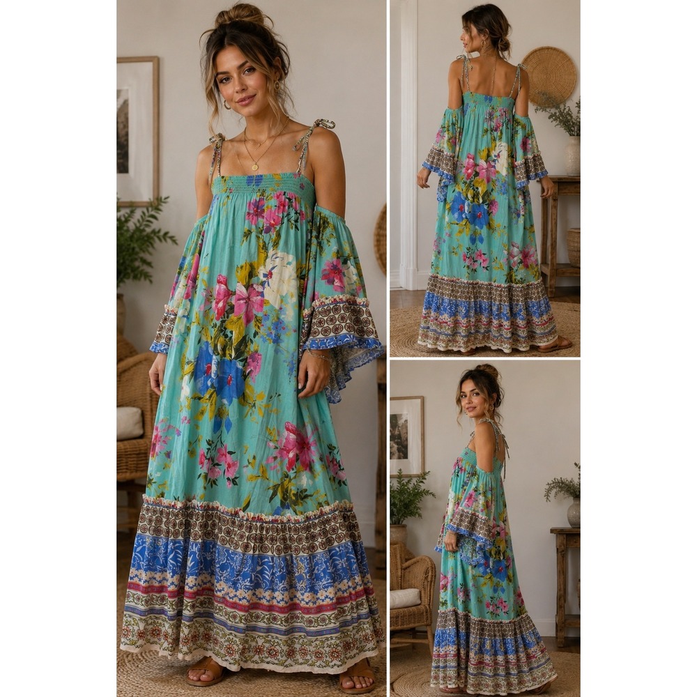 Aratta Maxi Dress Floral Mixed Print Bell Sleeve Boho Aqua Turquoise NO SIZE TAG